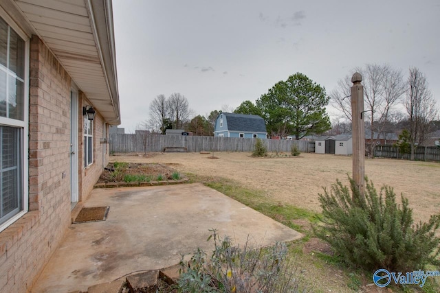 view of yard with an outbuilding, a patio, a shed, and a fenced backyard