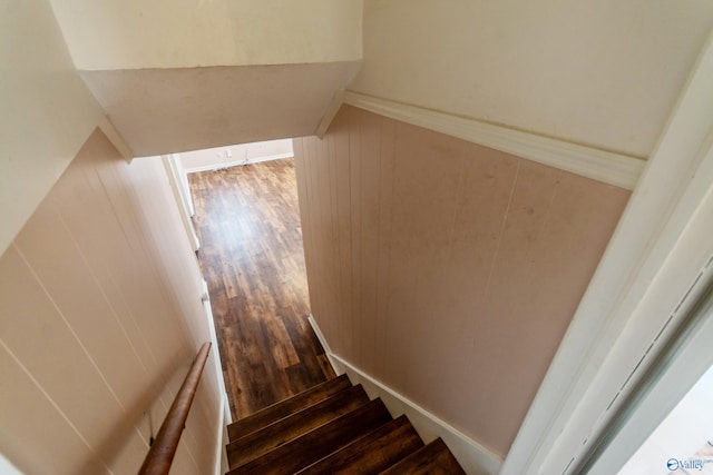 staircase with wood walls and hardwood / wood-style flooring