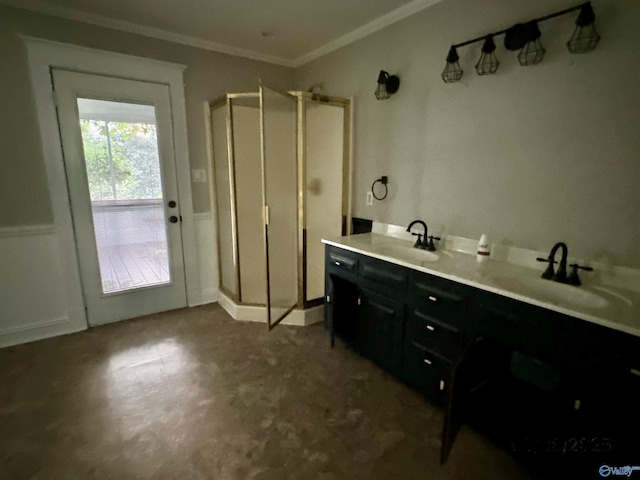 2494 Hines St S, Athens, AL 35611 - bathroom with crown molding, double vanity, and a shower