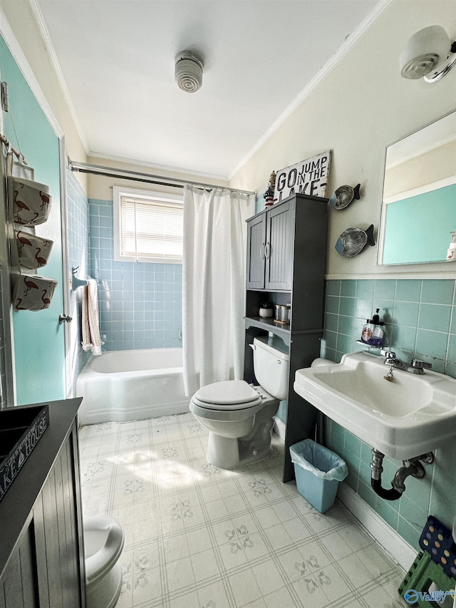 1700 County Road 102, Cedar Bluff, AL 35959 - full bath with shower / bath combo, crown molding, tile patterned floors, and tile walls