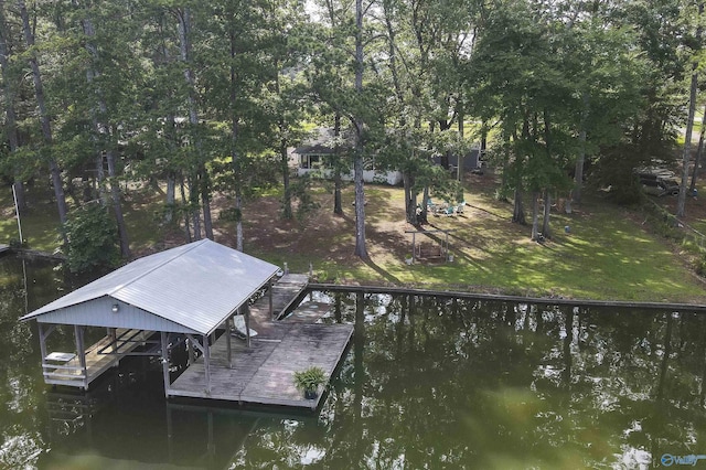 1700 County Road 102, Cedar Bluff, AL 35959 - dock with boat lift, view of scattered trees, and a yard