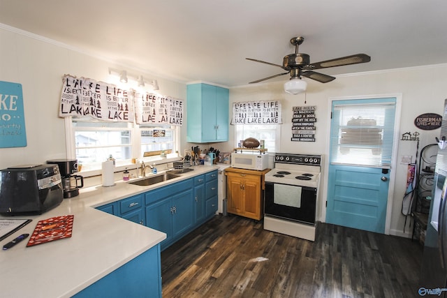1700 County Road 102, Cedar Bluff, AL 35959 - kitchen featuring range with electric cooktop, white microwave, blue cabinetry, ceiling fan, and light countertops