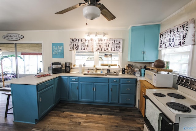 1700 County Road 102, Cedar Bluff, AL 35959 - kitchen with white appliances, blue cabinetry, a peninsula, crown molding, and a ceiling fan