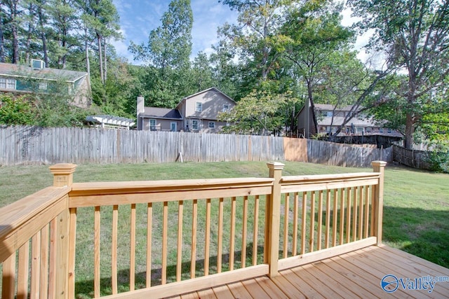 wooden terrace featuring a fenced backyard and a yard