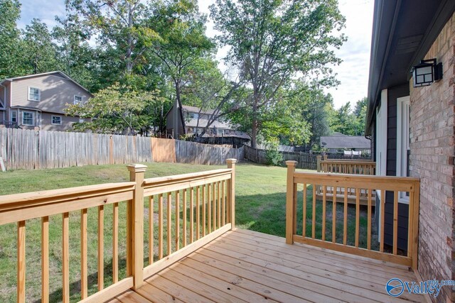 wooden deck featuring a fenced backyard and a lawn