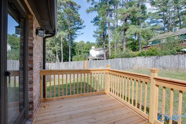 wooden deck featuring a fenced backyard and a yard