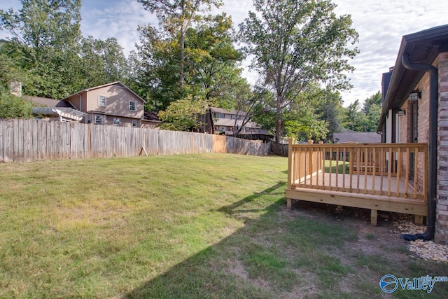 view of yard with fence private yard and a wooden deck