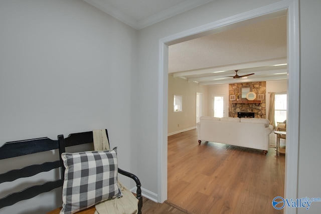 interior space with ceiling fan, a stone fireplace, baseboards, light wood finished floors, and crown molding