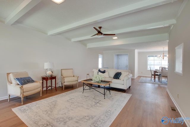 living area featuring beam ceiling, wood finished floors, visible vents, and baseboards