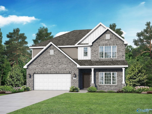 craftsman inspired home featuring a garage and a front yard