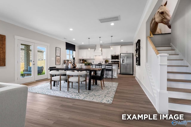 120 Burdine St, New Market, AL 35761 - dining room with recessed lighting, dark wood-style flooring, stairs, visible vents, and french doors
