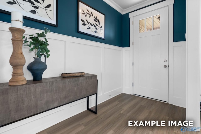 120 Burdine St, New Market, AL 35761 - entryway featuring wainscoting, ornamental molding, dark wood-style flooring, and a decorative wall