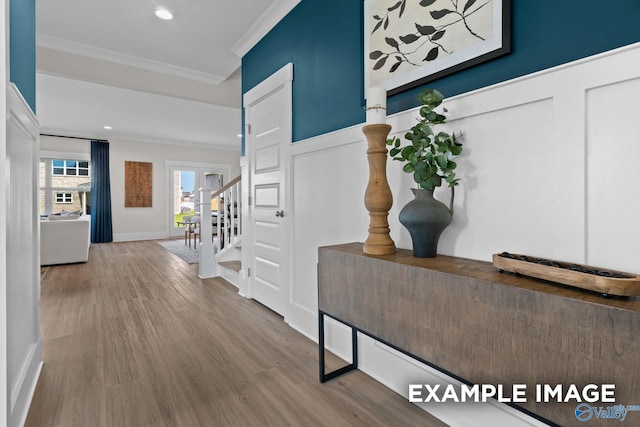 120 Burdine St, New Market, AL 35761 - hall featuring stairway, wood finished floors, crown molding, and recessed lighting