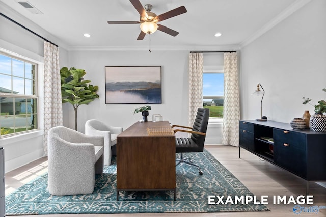 120 Burdine St, New Market, AL 35761 - dining space with wood finished floors, visible vents, plenty of natural light, and ornamental molding
