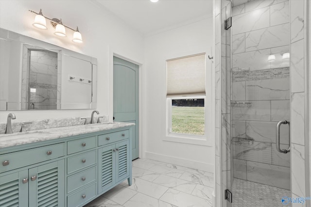 bathroom featuring vanity and a shower with shower door