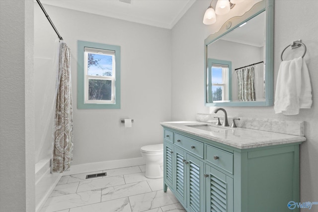 full bathroom with toilet, shower / tub combo, vanity, and ornamental molding