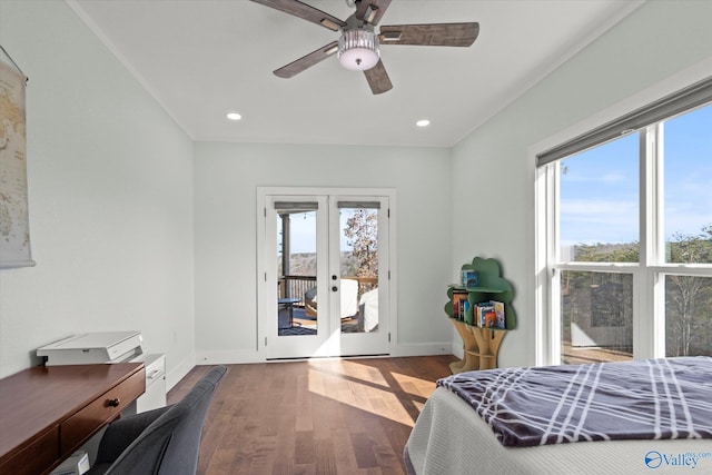 bedroom featuring access to outside, ceiling fan, french doors, and wood-type flooring