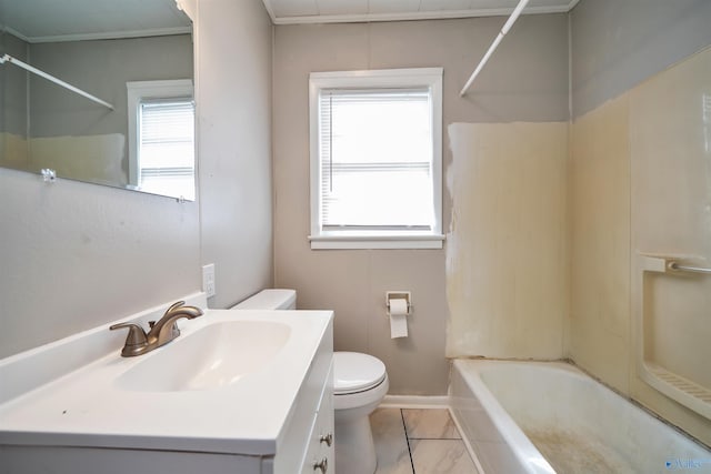 bathroom with a wealth of natural light, shower / bathtub combination, toilet, and vanity