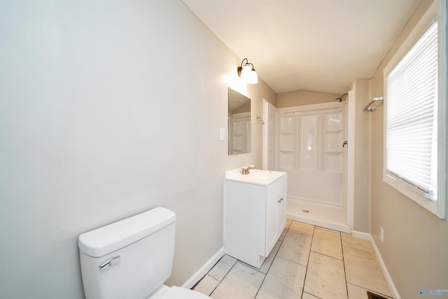 full bath featuring baseboards, walk in shower, toilet, lofted ceiling, and vanity