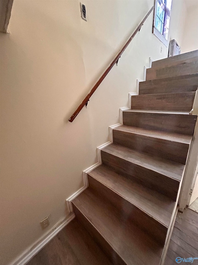 stairway with hardwood / wood-style floors