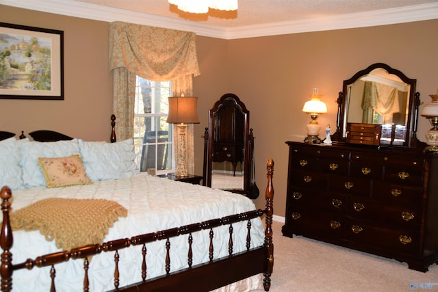 bedroom featuring ornamental molding, carpet, and baseboards