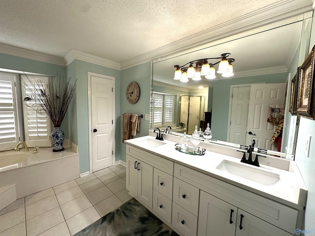 bathroom featuring crown molding, tile patterned flooring, a sink, and a stall shower