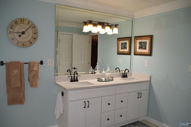 full bath featuring ornamental molding, a sink, and double vanity