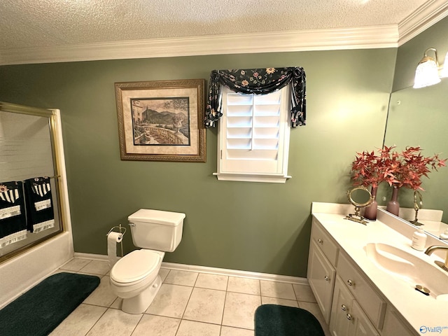 full bathroom featuring ornamental molding, tile patterned flooring, combined bath / shower with glass door, a textured ceiling, and vanity