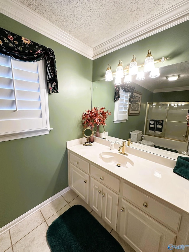 bathroom featuring a textured ceiling, tile patterned flooring, vanity, an enclosed shower, and crown molding