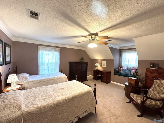 bedroom featuring visible vents, ornamental molding, a ceiling fan, light carpet, and vaulted ceiling