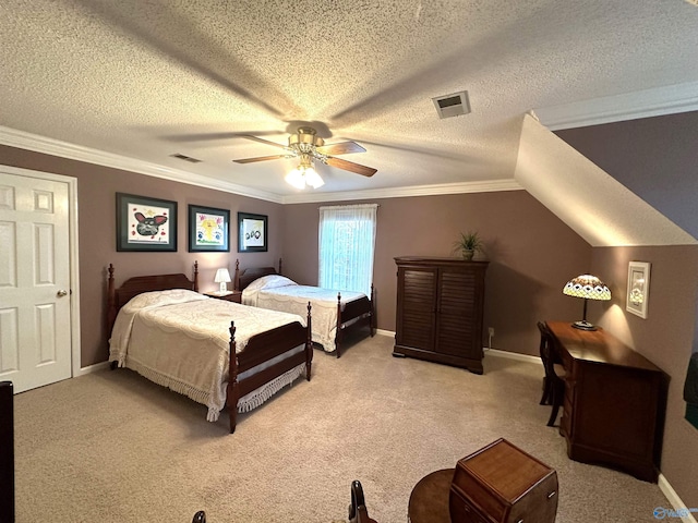 bedroom featuring light carpet, ceiling fan, and visible vents