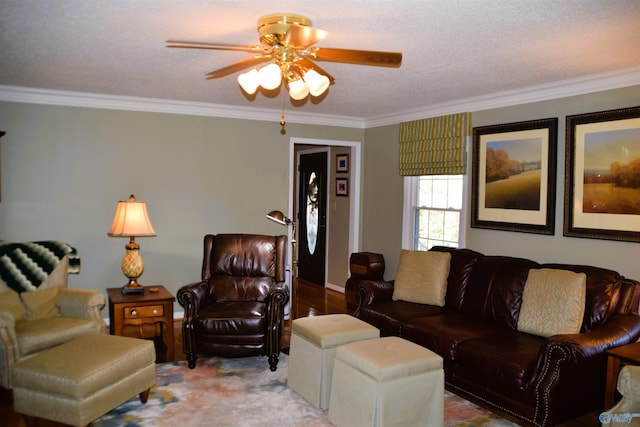 living area with ornamental molding and ceiling fan