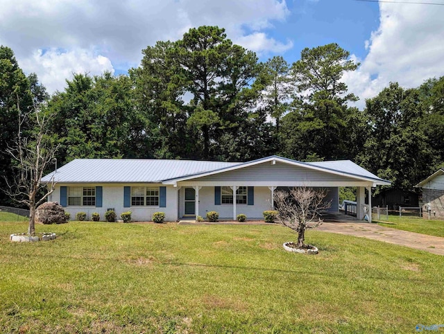 ranch-style house with a front yard and a carport