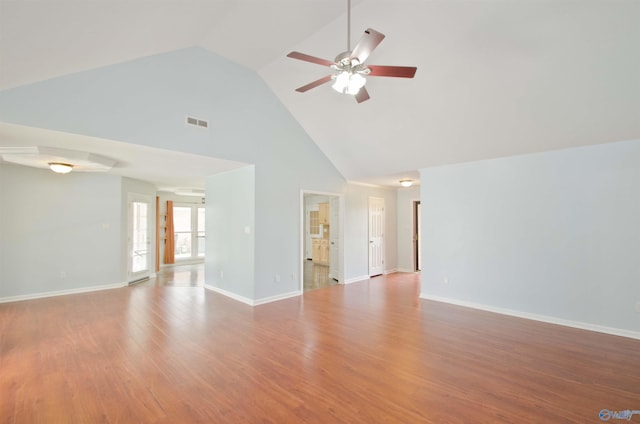 1422 Lake Crest Dr SW, Decatur, AL 35603 - unfurnished living room featuring high vaulted ceiling, a ceiling fan, and baseboards