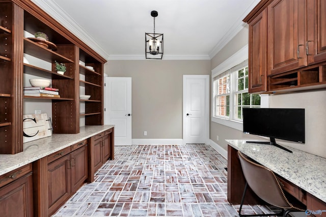 1211 SW Rountree Pl, Madison, AL 35756 - unfurnished office featuring baseboards, brick flooring, crown molding, built in study area, and a chandelier