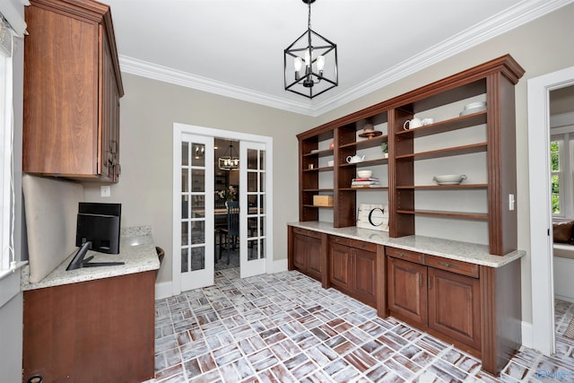 1211 SW Rountree Pl, Madison, AL 35756 - office space with a chandelier, brick floors, crown molding, baseboards, and french doors