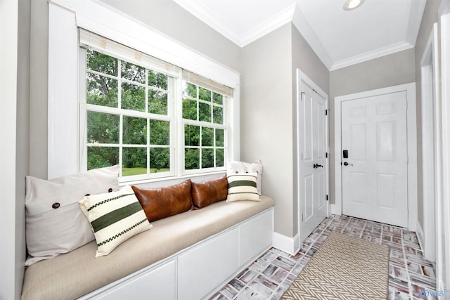 1211 SW Rountree Pl, Madison, AL 35756 - mudroom featuring brick flooring, baseboards, and crown molding