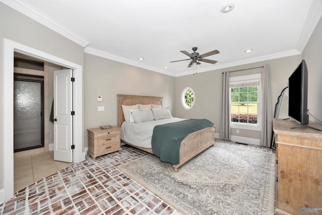 1211 SW Rountree Pl, Madison, AL 35756 - bedroom with baseboards, brick floors, crown molding, recessed lighting, and a ceiling fan