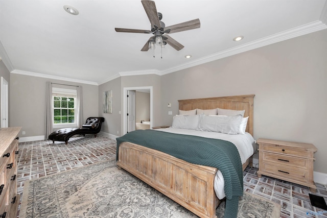 1211 SW Rountree Pl, Madison, AL 35756 - bedroom featuring baseboards, brick patterned flooring, ornamental molding, recessed lighting, and a ceiling fan