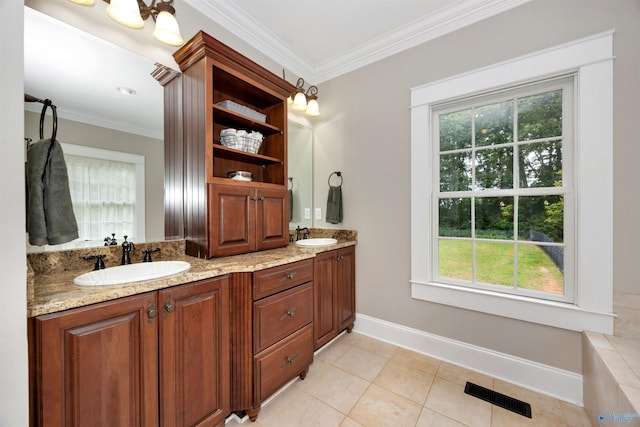 1211 SW Rountree Pl, Madison, AL 35756 - full bath featuring plenty of natural light, double vanity, tile patterned flooring, ornamental molding, and baseboards