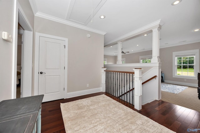 1211 SW Rountree Pl, Madison, AL 35756 - hall with dark wood-style flooring, ornamental molding, an upstairs landing, recessed lighting, and baseboards