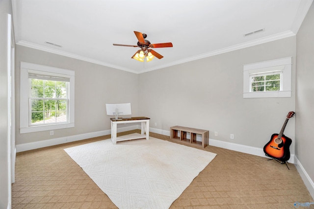 1211 SW Rountree Pl, Madison, AL 35756 - sitting room with carpet, ornamental molding, a ceiling fan, and baseboards