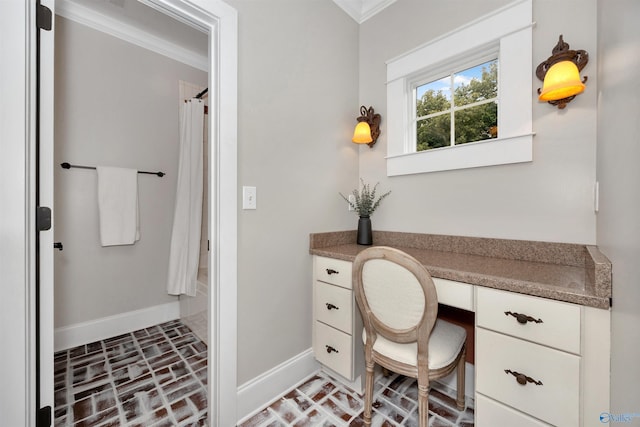 1211 SW Rountree Pl, Madison, AL 35756 - home office featuring baseboards, crown molding, built in desk, and brick patterned flooring