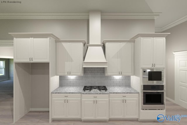 kitchen with backsplash, white cabinetry, light stone countertops, and stainless steel gas stovetop