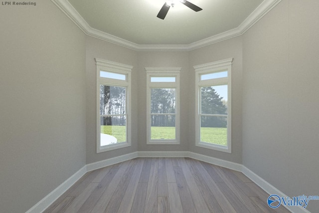 spare room featuring ceiling fan, light hardwood / wood-style flooring, and ornamental molding