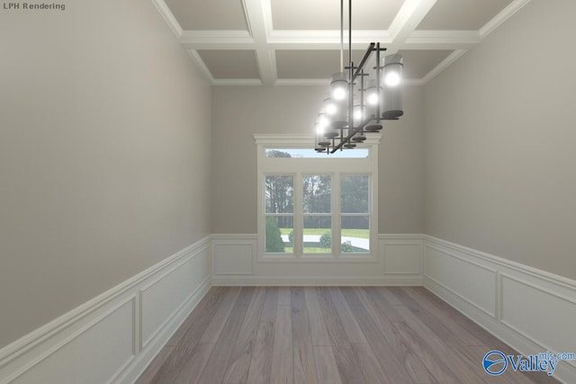 unfurnished room with beam ceiling, coffered ceiling, ornamental molding, a chandelier, and light wood-type flooring