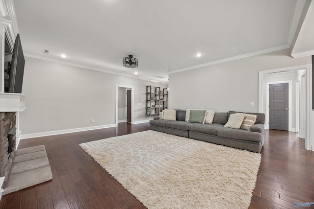 119 Saint Clair Ln, Huntsville, AL 35811 - living area with recessed lighting, ornamental molding, dark wood-style floors, a fireplace, and baseboards