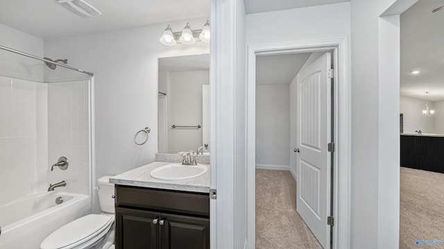 full bathroom featuring vanity, an inviting chandelier, toilet, and shower / bathtub combination