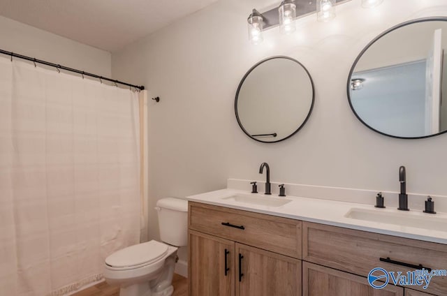 bathroom with toilet, a shower with curtain, double vanity, and a sink