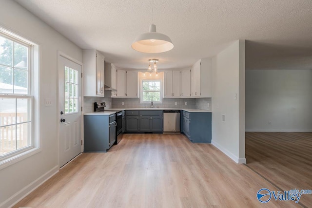kitchen featuring decorative backsplash, light wood-style flooring, a sink, dishwasher, and range with electric stovetop